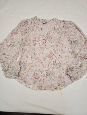 Rachel Zoe Pink Floral Metallic Chiffon Blouse Long Sleeve V-Neck Small
